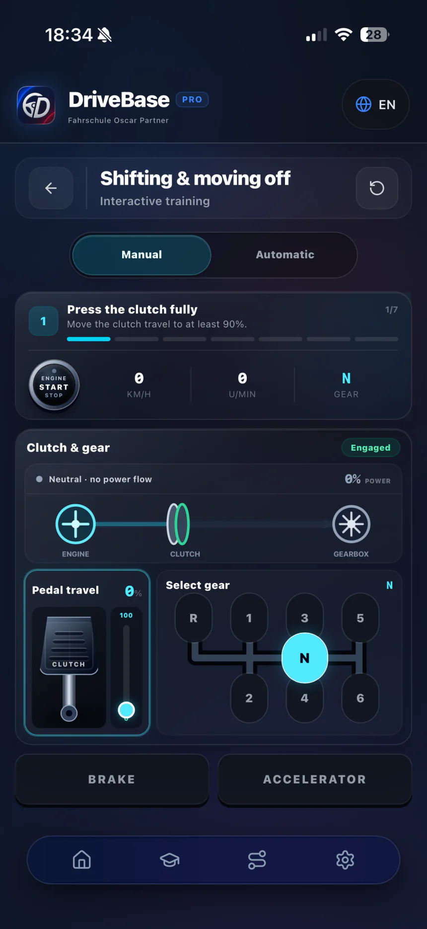 DriveBase gear-shift and clutch simulator with pedal travel and gear selection
