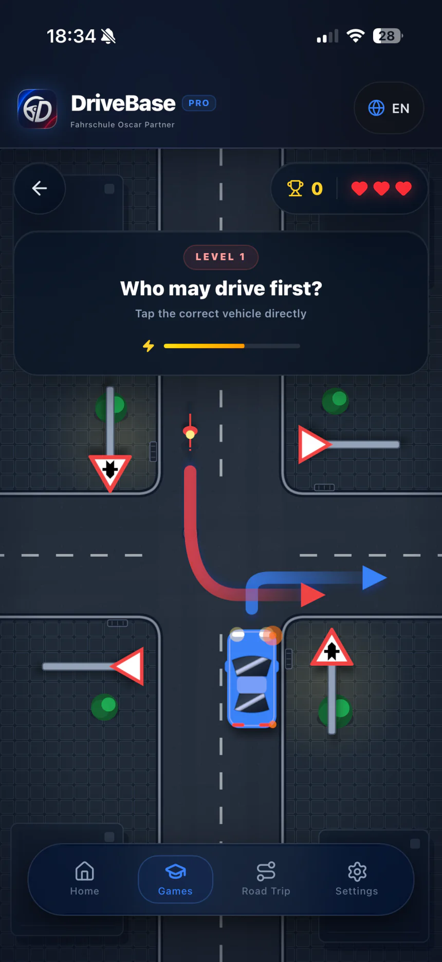 Interactive DriveBase right-of-way trainer with an intersection scene and two vehicles