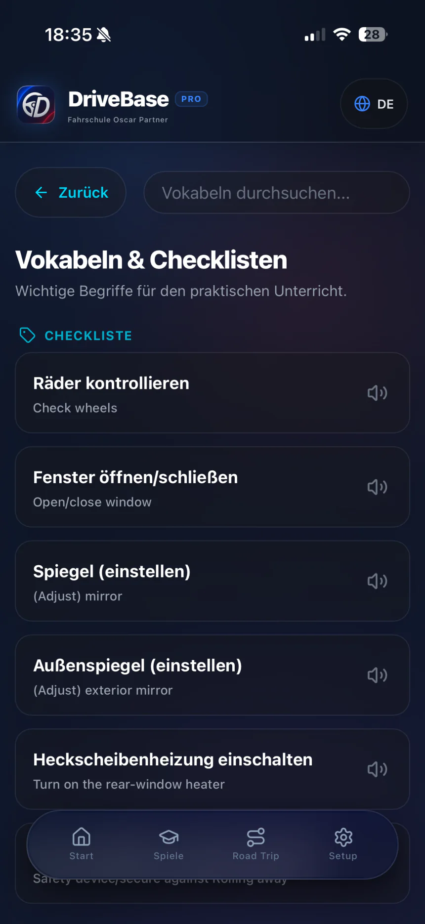 DriveBase Fahrschul-Vokabeln mit deutschen Begriffen und englischen Übersetzungen